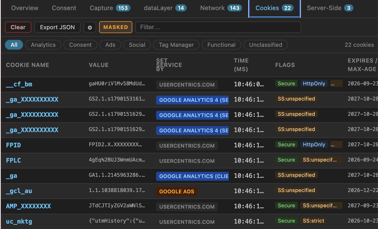 Every cookie, attributed and timed — Consent & Tag Auditor panel